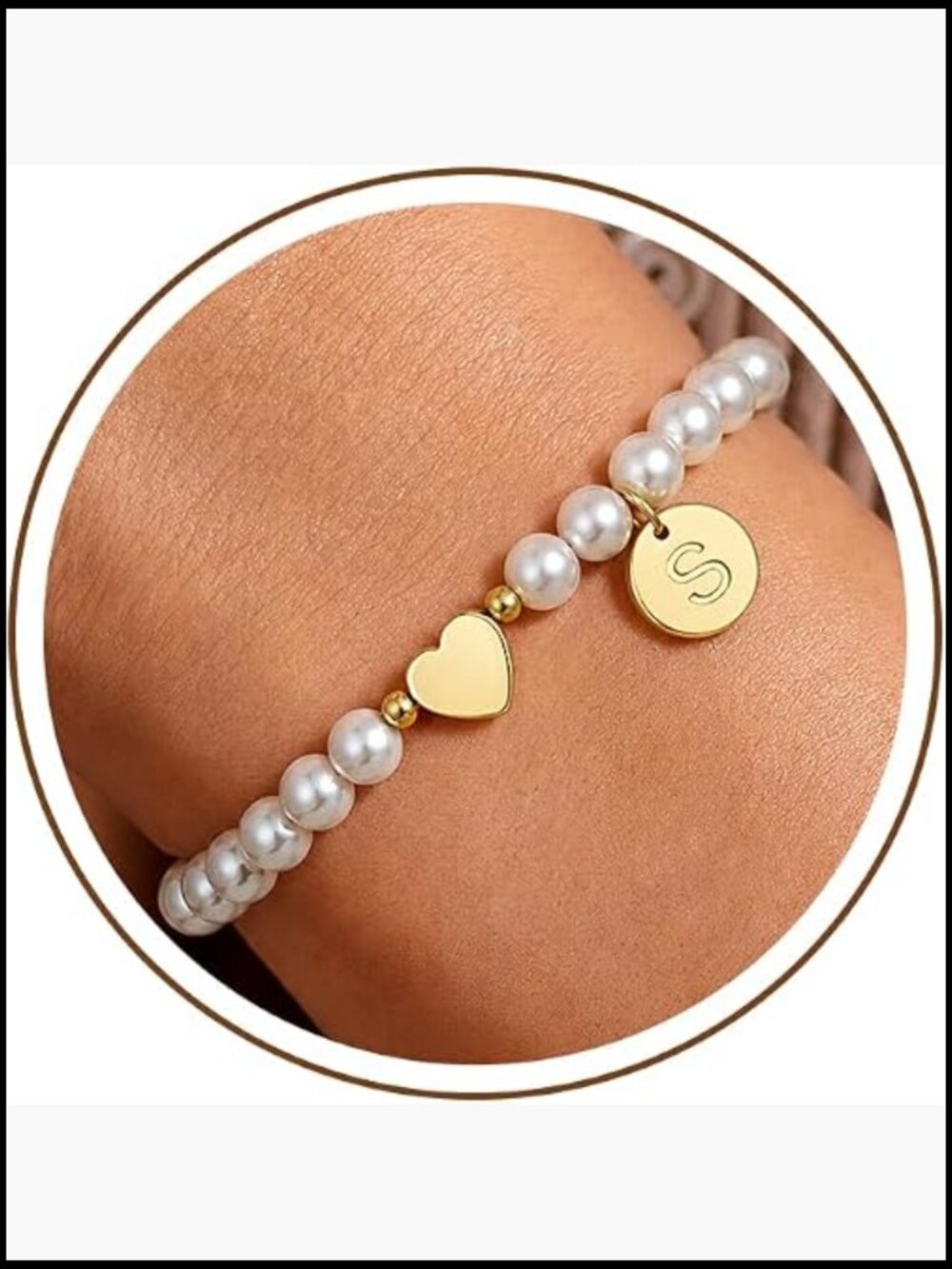 Dainty Pearl Initial Bracelet Adjustable Heart Charm Beaded Jewelry Gift